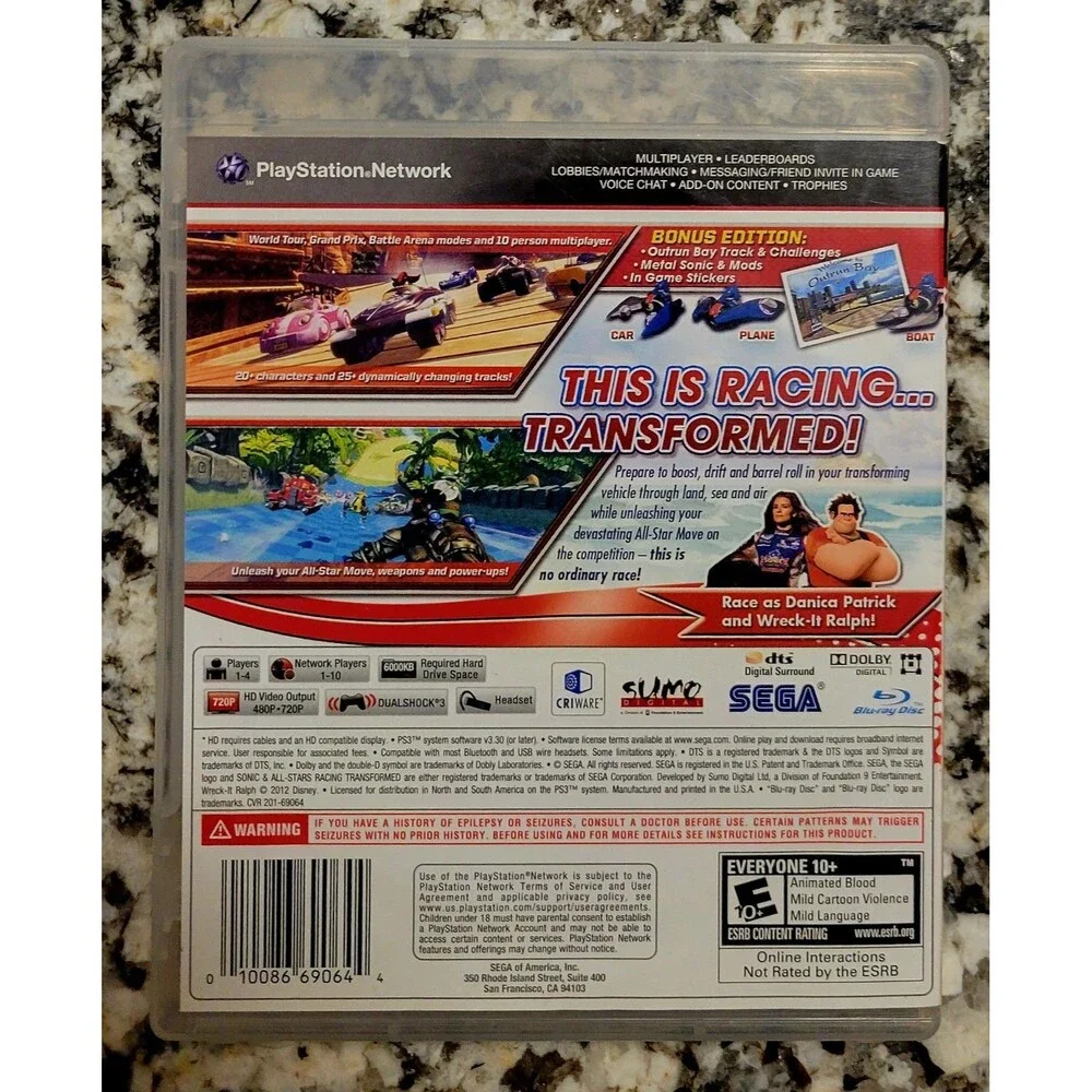 Sonic: All-Star Racing Transformed - Sony PlayStation 3 PS3, NO MANUAL FAST SHIP